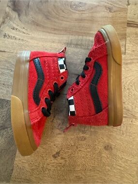 Vans Hi Zip red black kids shoes 5 toddler high top zipper checkerboard checker